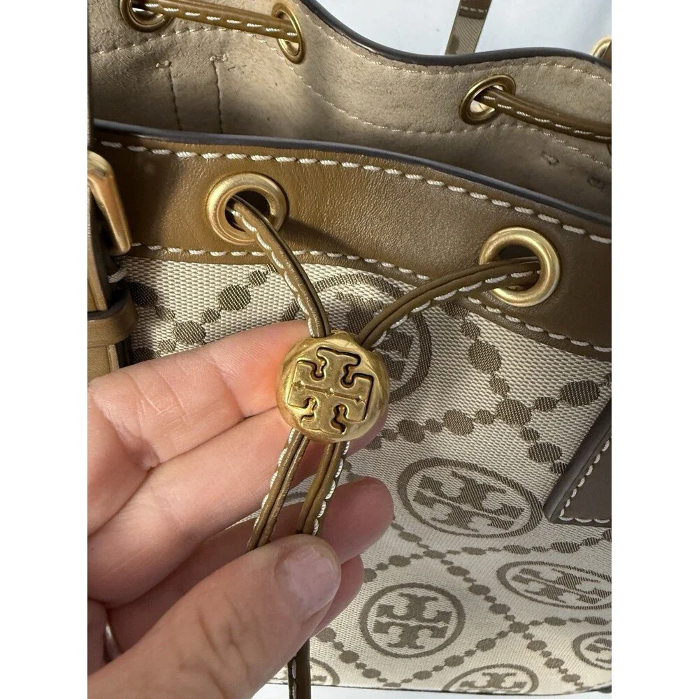 Tory Burch T Monogram Jacquard Logo Tote Bag Large Double Strap Cinch Drawstring